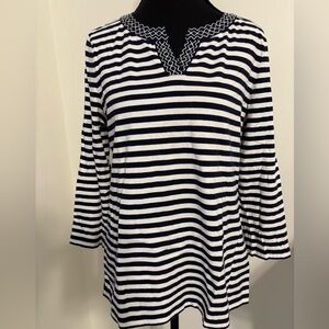 Talbots Nautical Top Navy White Stripe 3/4 Sleeves Size Small 100% Cotton